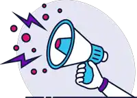 a hand is holding a blue and white megaphone with lightning bolts coming out of it