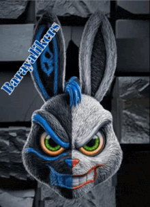 a picture of a bunny with a blue ear and the words barayalikers