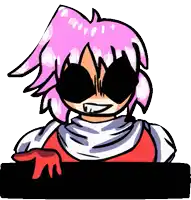 a cartoon drawing of a girl with pink hair and black sunglasses .