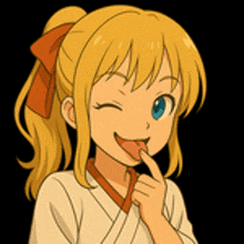 a girl with blonde hair and blue eyes is sticking out her tongue