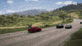 a red van with a license plate that says ' a ' on it drives down a road