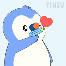 a penguin is holding a water gun in its mouth with a heart in the background that says pengu