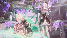 a boy and a girl are standing next to each other in a garden .
