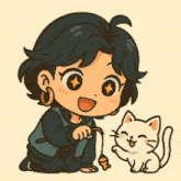 a cartoon girl is kneeling down next to a white cat