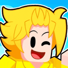 a cartoon character with yellow hair is smiling and winking at the camera