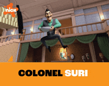 an advertisement for colonel suri shows a cartoon character jumping in the air