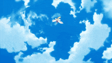 a blue sky with white clouds and a person flying in it