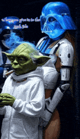 yoda is smoking a cigar next to darth vader