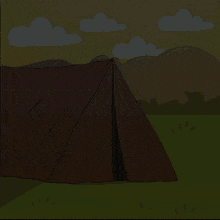 a cartoon drawing of a tent in a field with the sun and clouds in the background