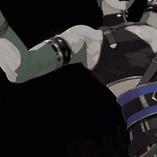 a close up of a person 's arm with a black and blue belt around it