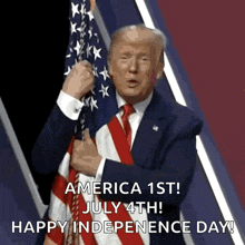 a man in a suit and tie is holding an american flag and says " america 1st july 4th ! happy independence day "