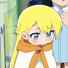 a little girl with blonde hair and blue eyes is wearing a scarf around her neck