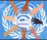 a bunch of hands are reaching out towards a logo that says bem vindo