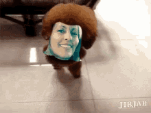 a picture of a dog with a picture of a woman on its head