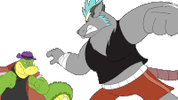 a cartoon drawing of a turtle and a wolf fighting