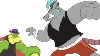 a cartoon drawing of a turtle and a wolf fighting