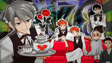a man holding a tray with a teapot on it