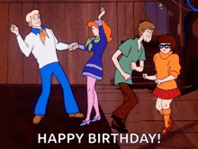 a group of scooby doo characters are dancing with the words happy birthday in the corner .