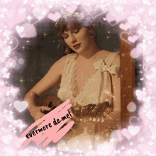 a picture of a woman in a white dress with the words evermore de mel on the bottom right