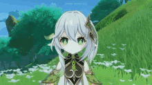 a girl with white hair and green eyes is standing in a field of grass ..