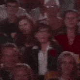 a crowd of people are sitting in a stadium watching a show and one woman is smiling .