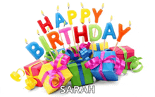 a bunch of colorful gifts and candles that say happy birthday sarah