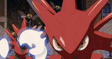 a cartoon drawing of a red monster holding a white object in its hand