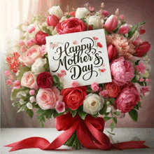 a bouquet of flowers with a card that says " happy mother 's day "