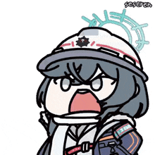 a cartoon of a girl wearing a helmet and scarf with her mouth open .