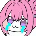 a cartoon girl with pink hair and purple eyes is crying with tears running down her face .