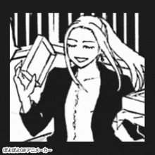 a black and white drawing of a woman holding a book in her hand .