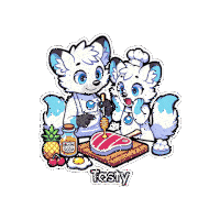 a sticker of two furry chefs cooking with the word tasty below them