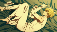 a drawing of a man laying on his stomach with a hat on his head