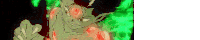 a close up of a cartoon character with green smoke coming out of his eyes .
