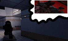 a computer generated image of a person in a dark room with a speech bubble above them