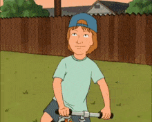 a cartoon character is riding a bike in a yard