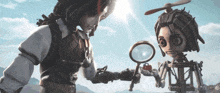 a person holding a magnifying glass next to a robot