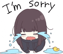 a cartoon girl is crying with tears coming out of her eyes and a yellow duck .