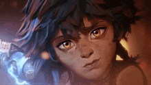 a close up of a person 's face with a sword in her hand
