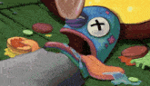 a cartoon drawing of a fish with a cross on it 's face