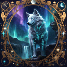 a painting of a wolf with a waterfall and aurora borealis in the background