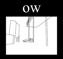 a black and white drawing of a person laying on a swing with the word ow above it