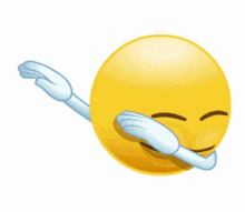 a yellow smiley face with big eyes and blue arms on a white background