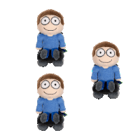 three stuffed boys with big eyes are sitting on a white background