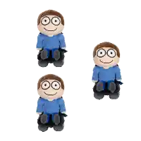 three stuffed boys with big eyes are sitting on a white background