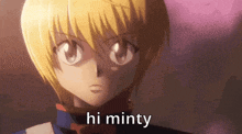 a close up of a person 's face with the words hi minty written below it .