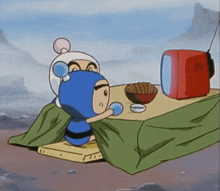 a cartoon character is sitting at a table with a bowl of food