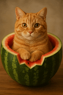 a cat is laying inside of a watermelon