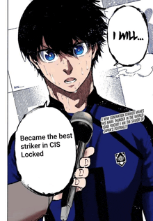 a man with blue eyes is holding a microphone and says " i will "