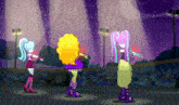a group of cartoon characters are standing on a stage in front of a crowd